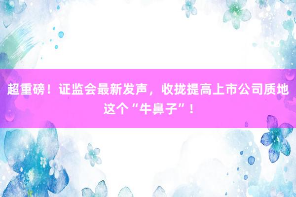 超重磅！证监会最新发声，收拢提高上市公司质地这个“牛鼻子”！